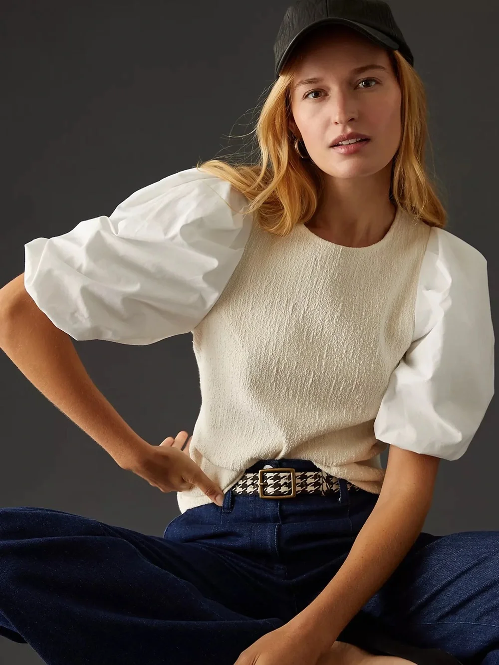 Anthropologie XS Puff Sleeve Knit Top Neutral Boho Preppy Textured Dramatic